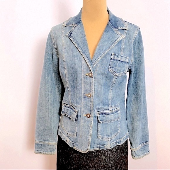 Tailored Blue Denim Jean Jacket Bling Button Embellishments Size S - Picture 8 of 10